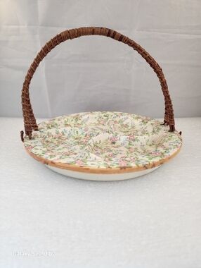 Vtg Floral Paisley Chintz Divided Serving Plate with Wicker Handle